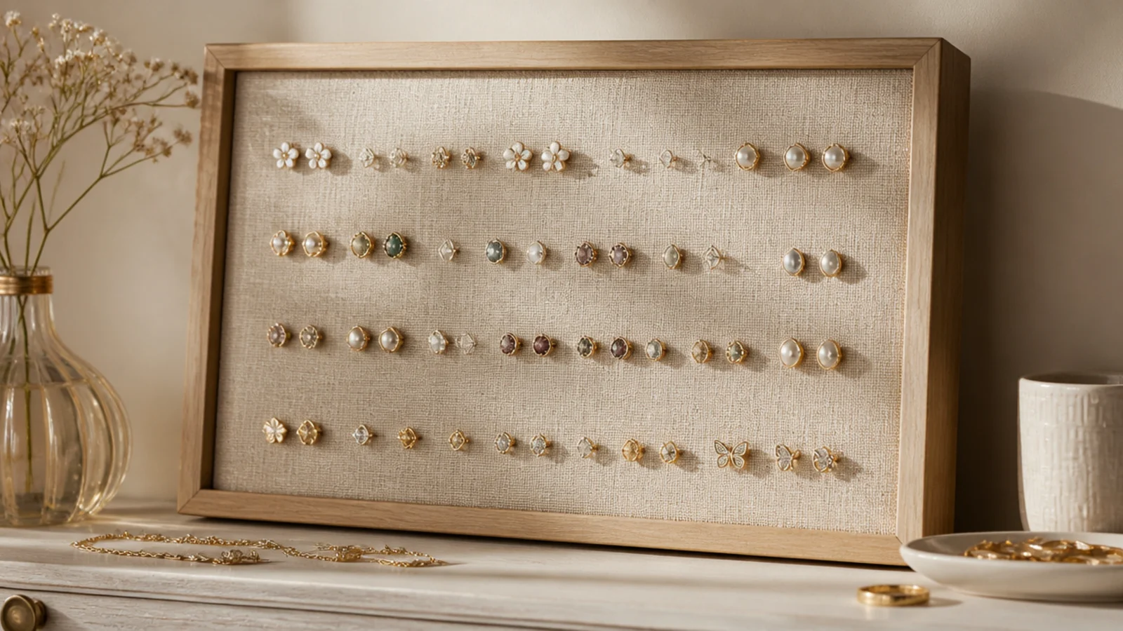 A linen-covered wall panel holding rows of stud earrings by their steel backs via a hidden magnetic strip.