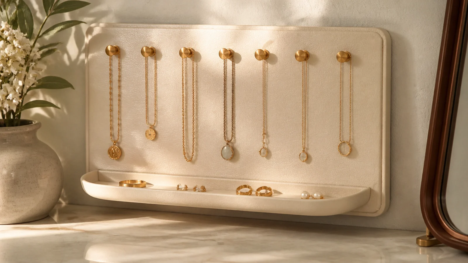 A wall board with a row of knobs for necklaces above a mounted shelf dish catching rings and studs below.
