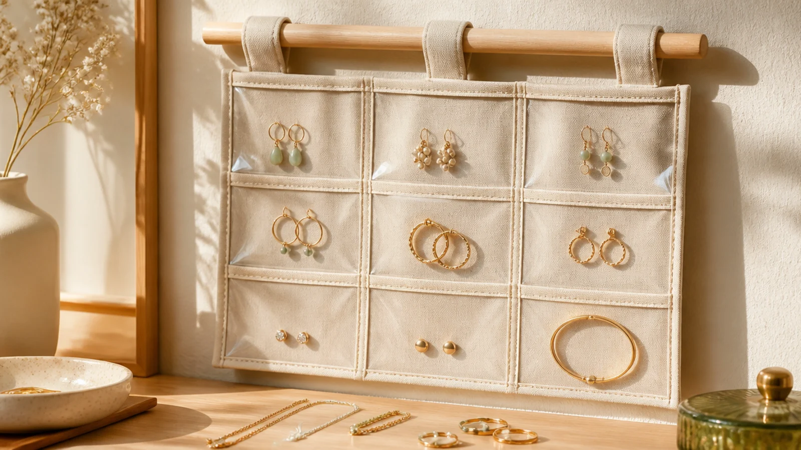 A fabric hanging organizer with clear pockets on a wall hook, each pocket holding earrings, rings, or a bracelet.