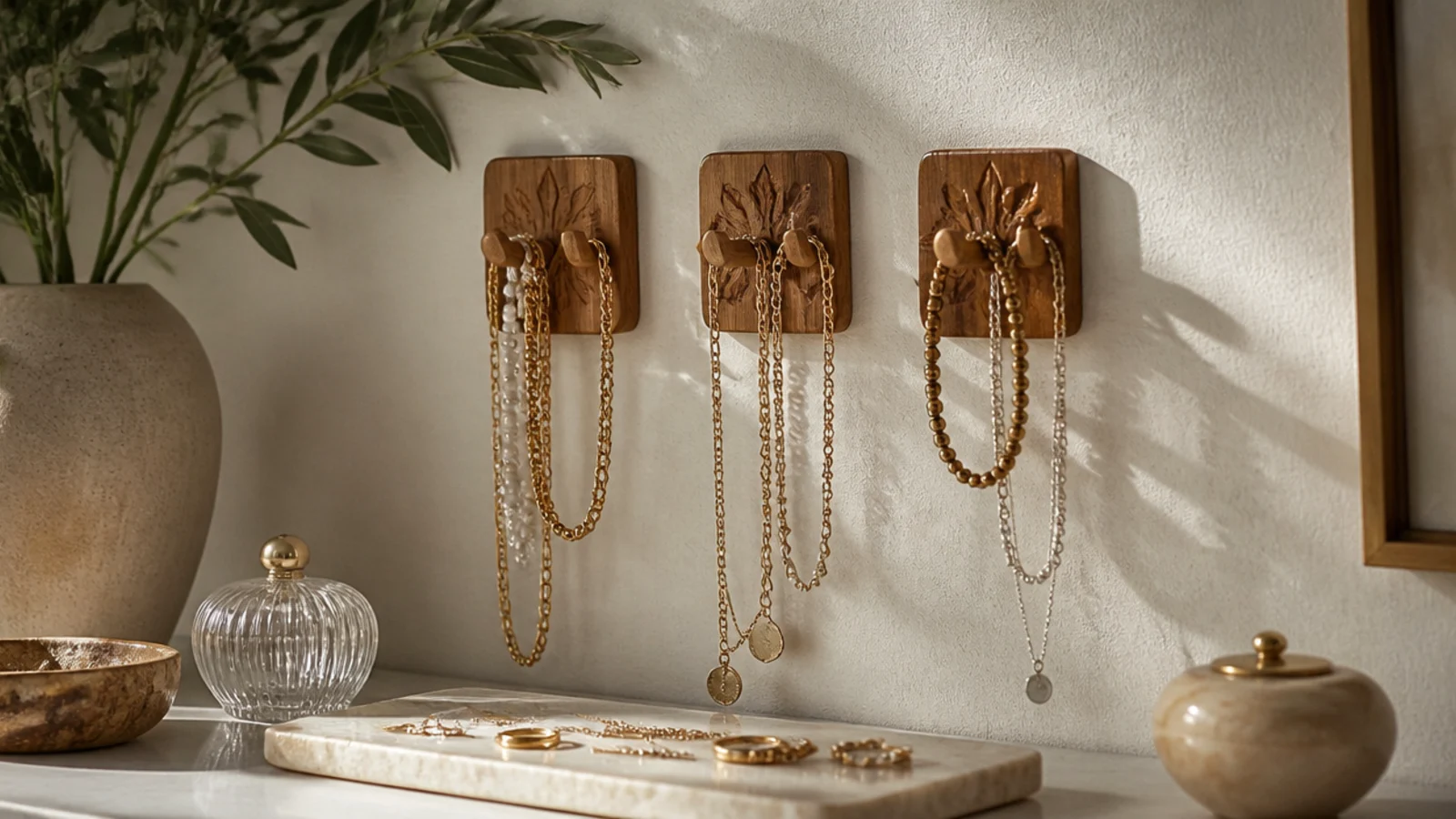 Three small carved wooden hooks mounted in a row on the wall, each holding a couple of necklaces and a bracelet.