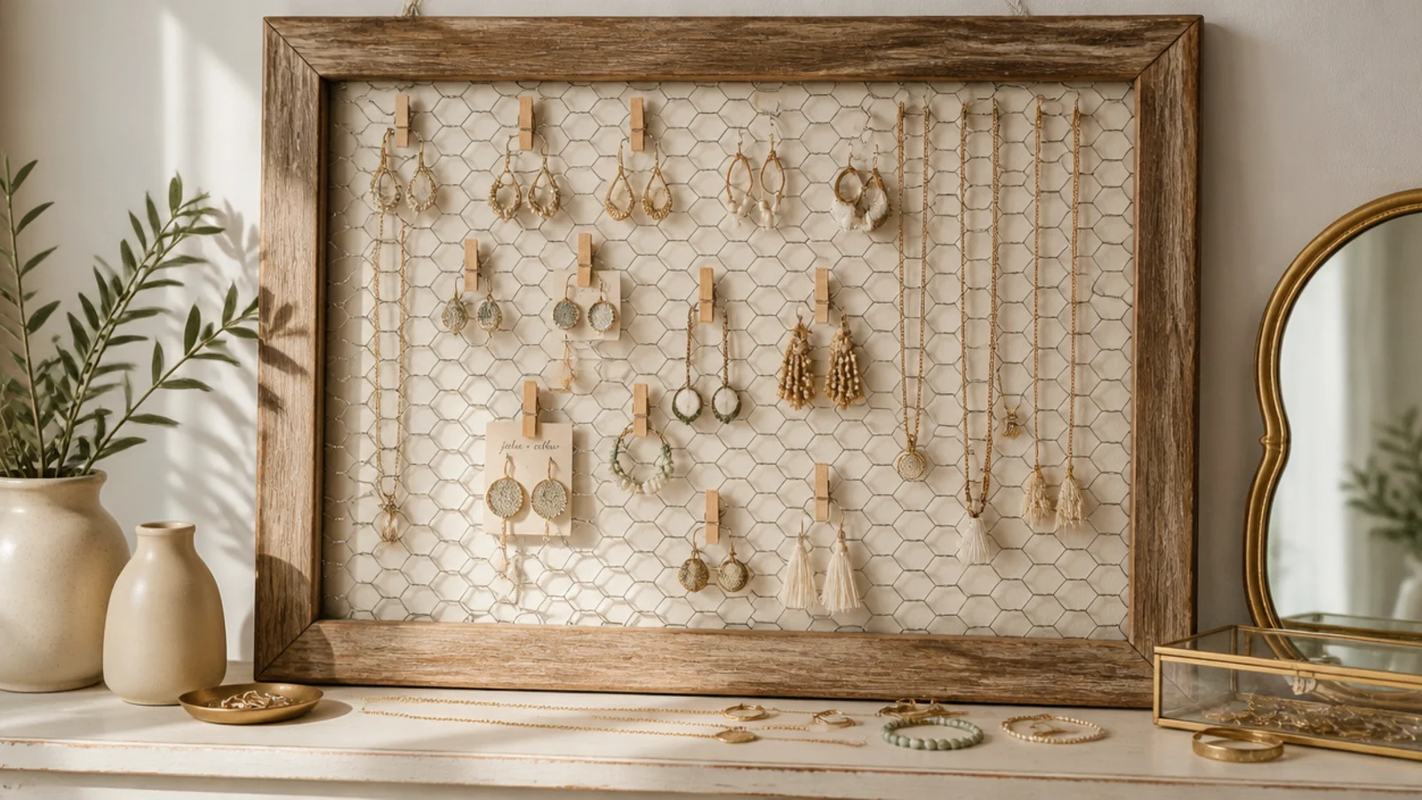 A large rustic wood frame filled with chicken wire on the wall, holding earrings, clip pins, and hung necklaces.