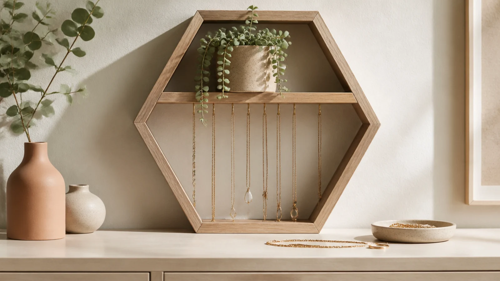 A hexagonal wooden wall shelf with hooks along its lower edge, holding a plant on top and necklaces below.