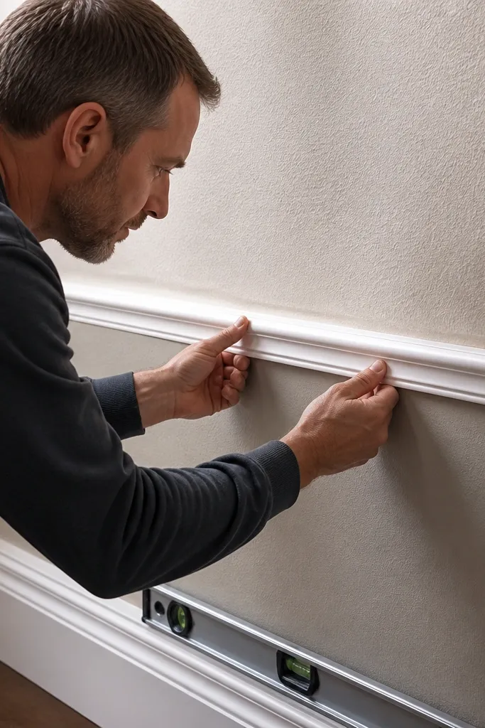 White chair rail installed with even spacing and clean caulk lines
