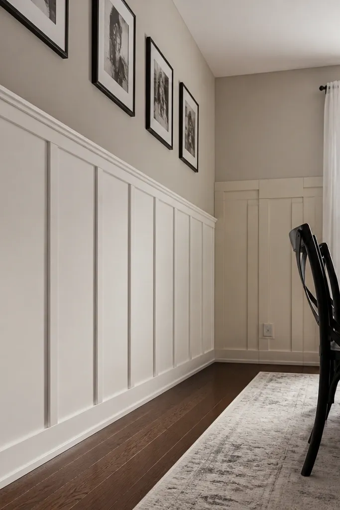 Two-tone wall with horizontal panels and vertical battens aligned