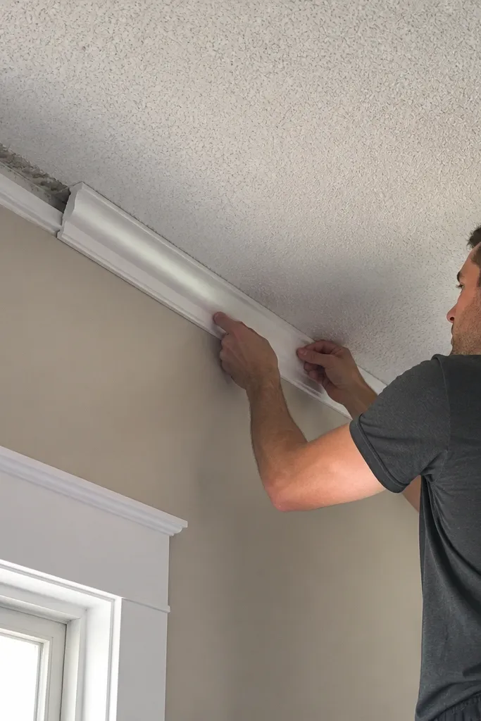 Fresh crown moulding line along the ceiling with smooth caulk seams
