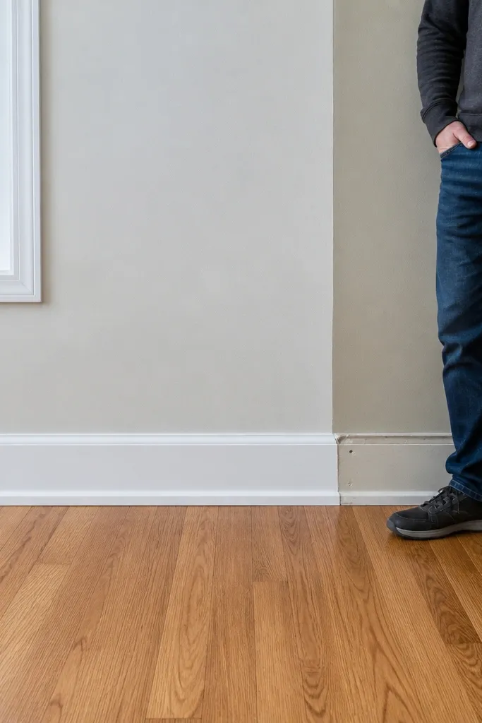 New white baseboard with smooth paint line and tight corner joints