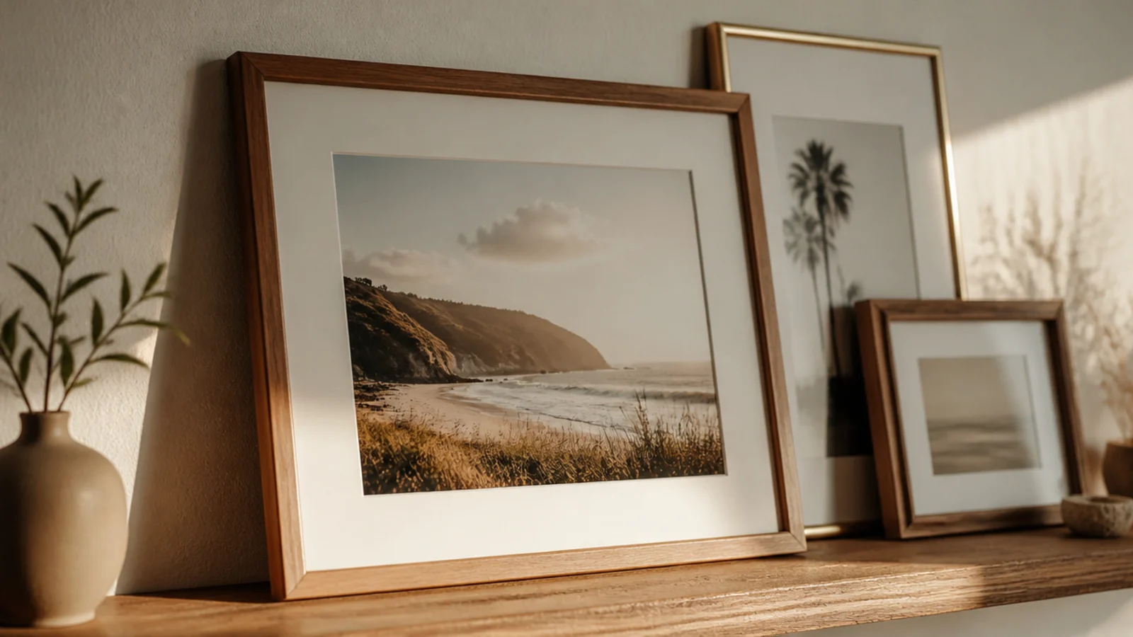 A slim wooden picture ledge on a wall with several framed photos leaning and overlapping casually.