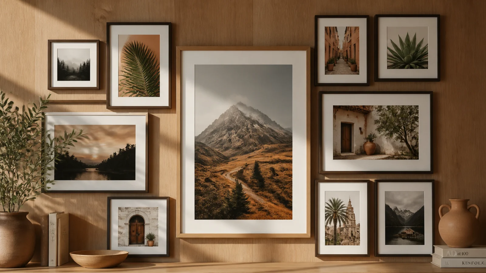 A dense cluster of mixed-size frames filling a wall with even gaps, arranged around a central anchor frame.