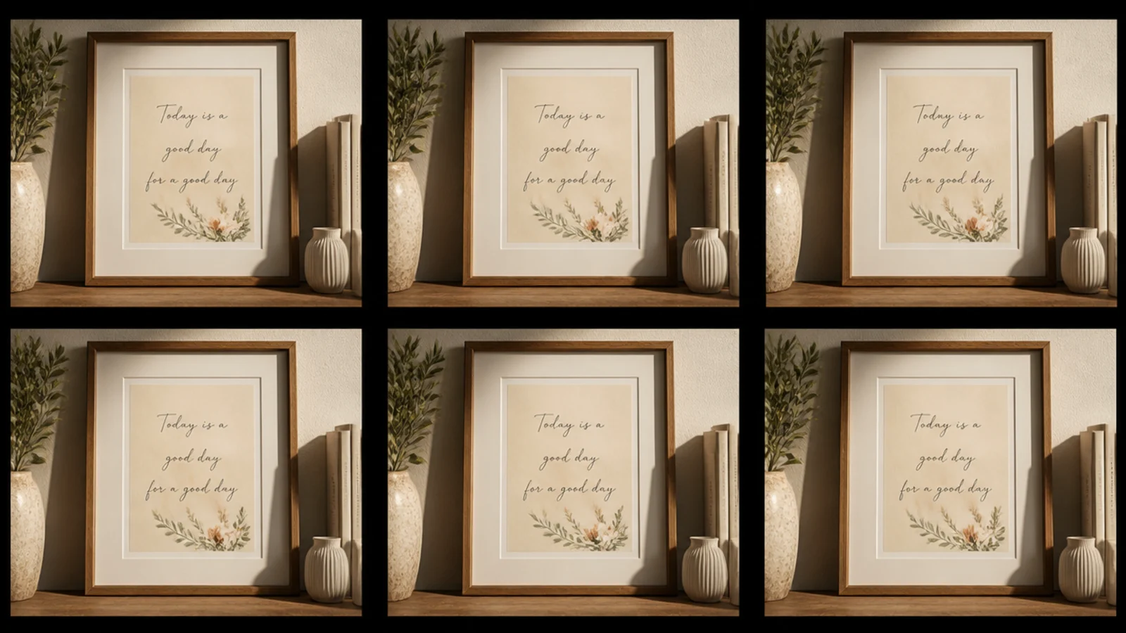 A clean grid of identical frames in even rows and columns with equal spacing, all matching black.