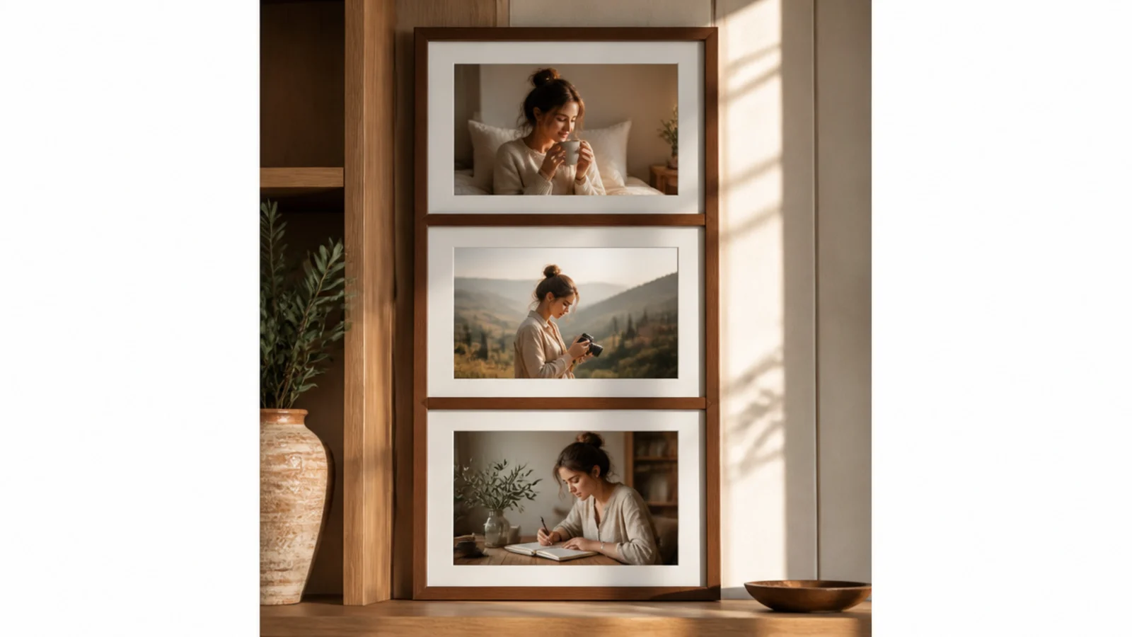 Three frames stacked in a single vertical column with equal gaps, filling a tall narrow wall space.