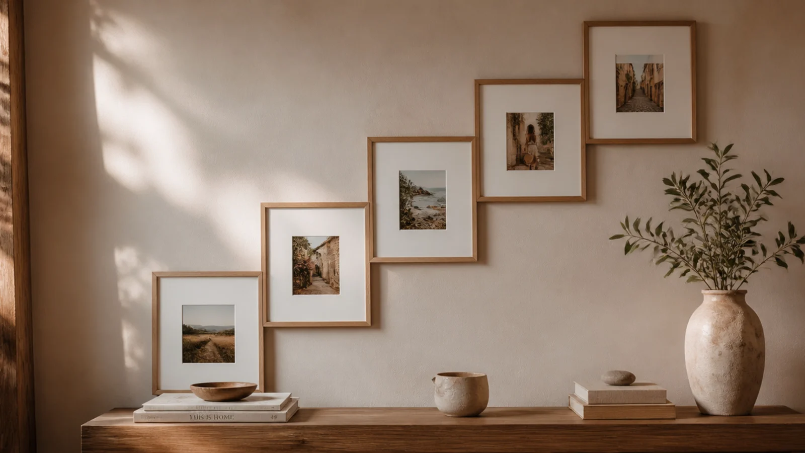 Frames climbing a staircase wall in a stepped diagonal line that follows the angle of the stairs.