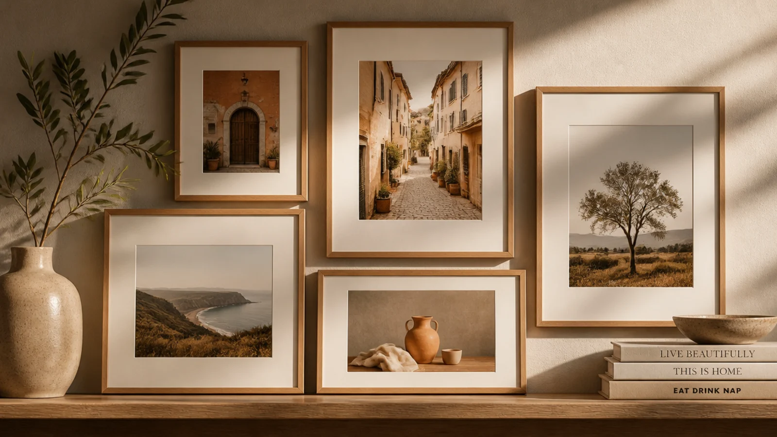 An arrangement of different-style frames unified by identical wide cream mats around each photo.