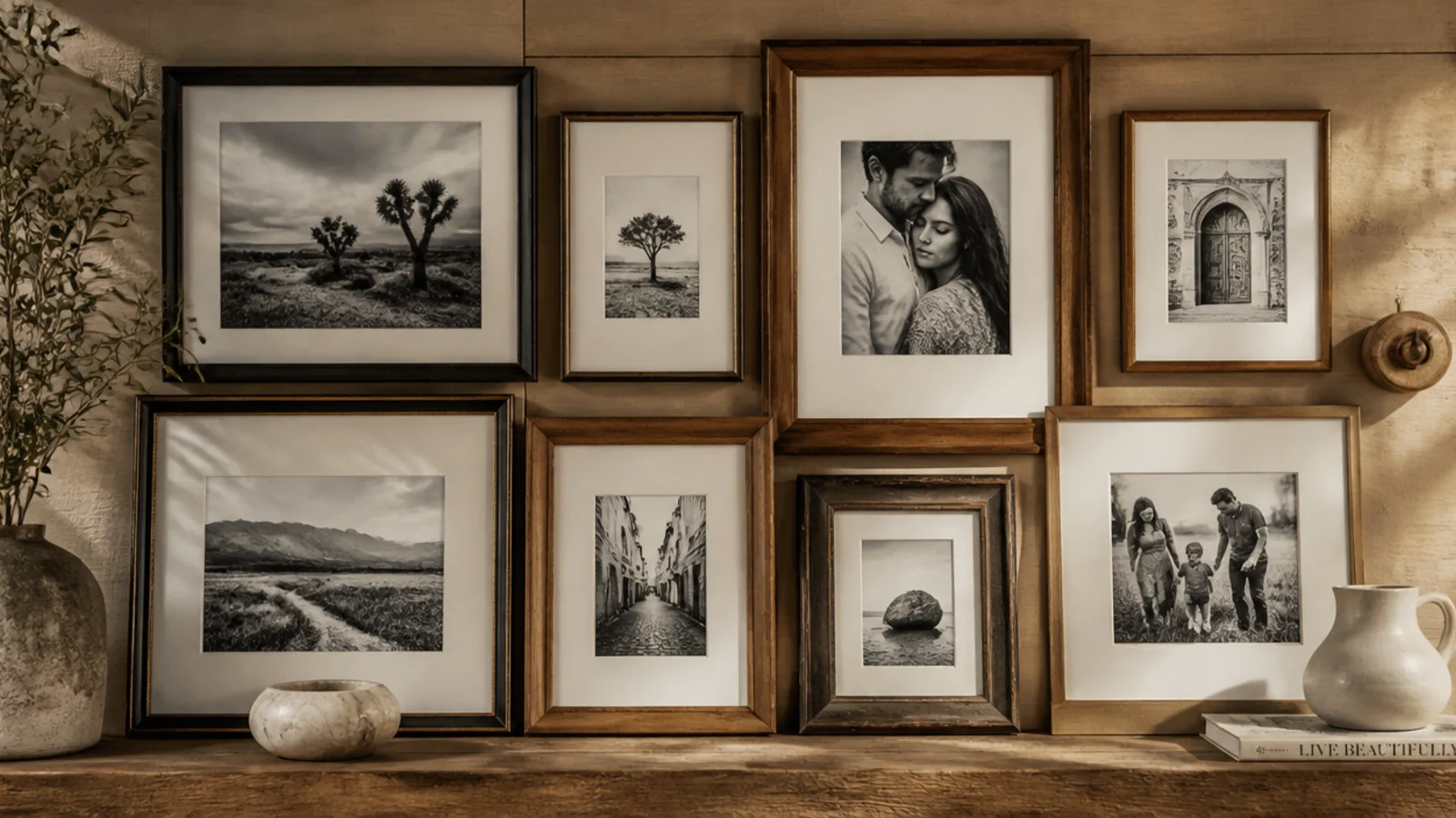A wall of frames all holding black-and-white photos, unifying frames of varied styles into one look.