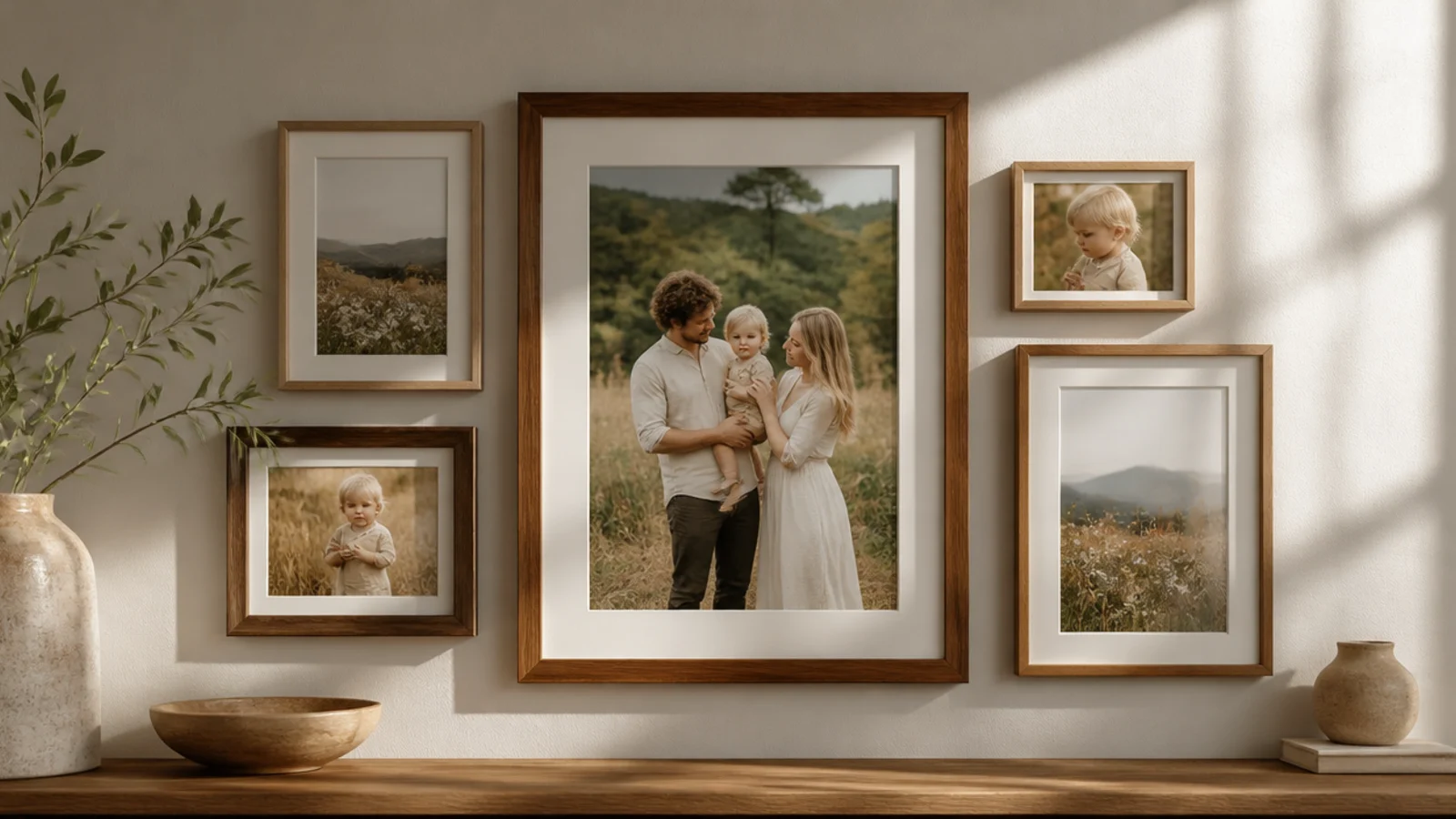 A balanced but asymmetrical group of frames anchored by one large frame with smaller ones fanning off.