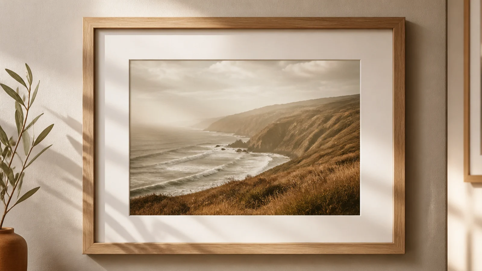 Frames arranged to wrap around a wall corner, continuing the arrangement onto the adjoining wall.