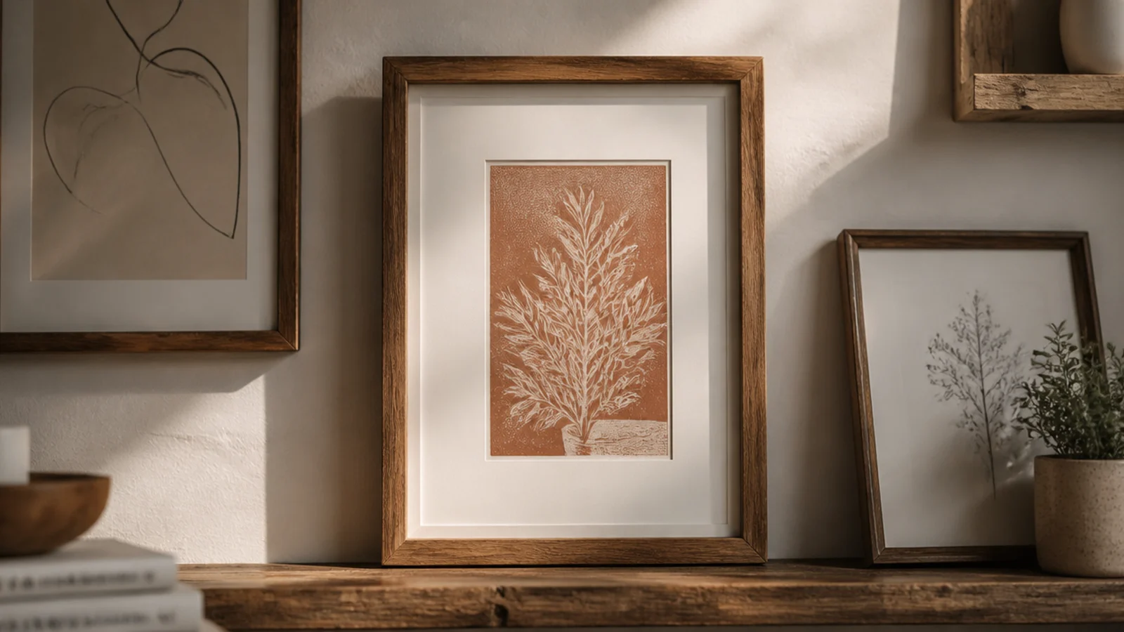 A wall combining hung frames with a small floating shelf holding leaning frames and a tiny plant.
