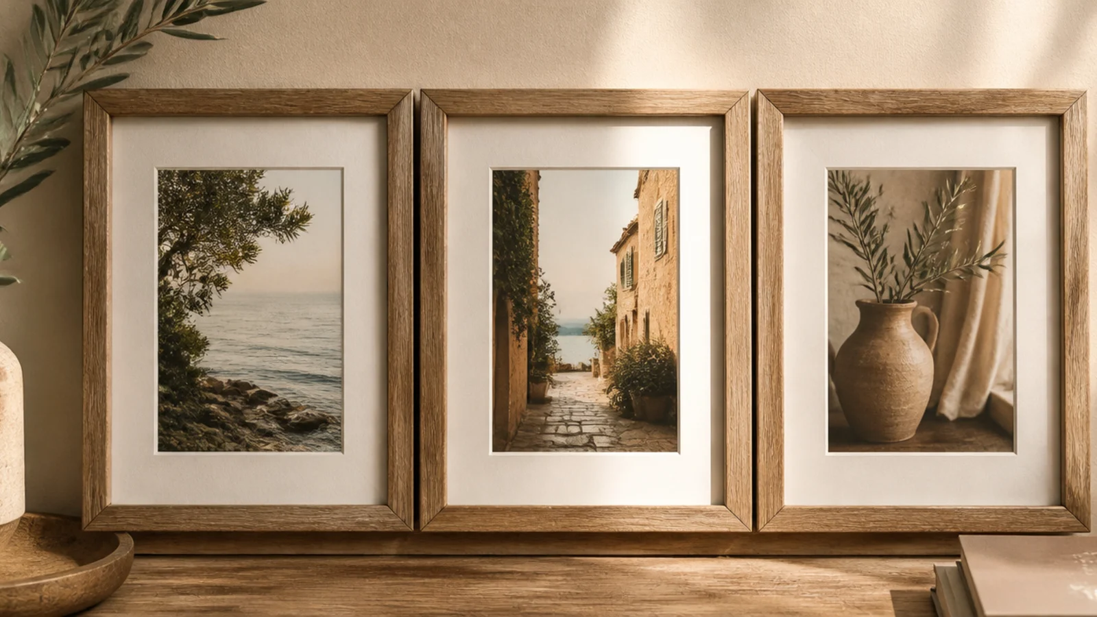 A set of identical handmade natural-wood frames hung in a neat row, each holding a warm-toned photo.