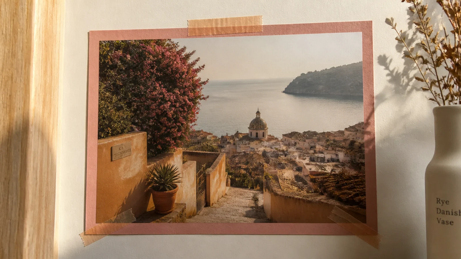 Photos taped directly to the wall with borders of colored washi tape acting as flat frames.