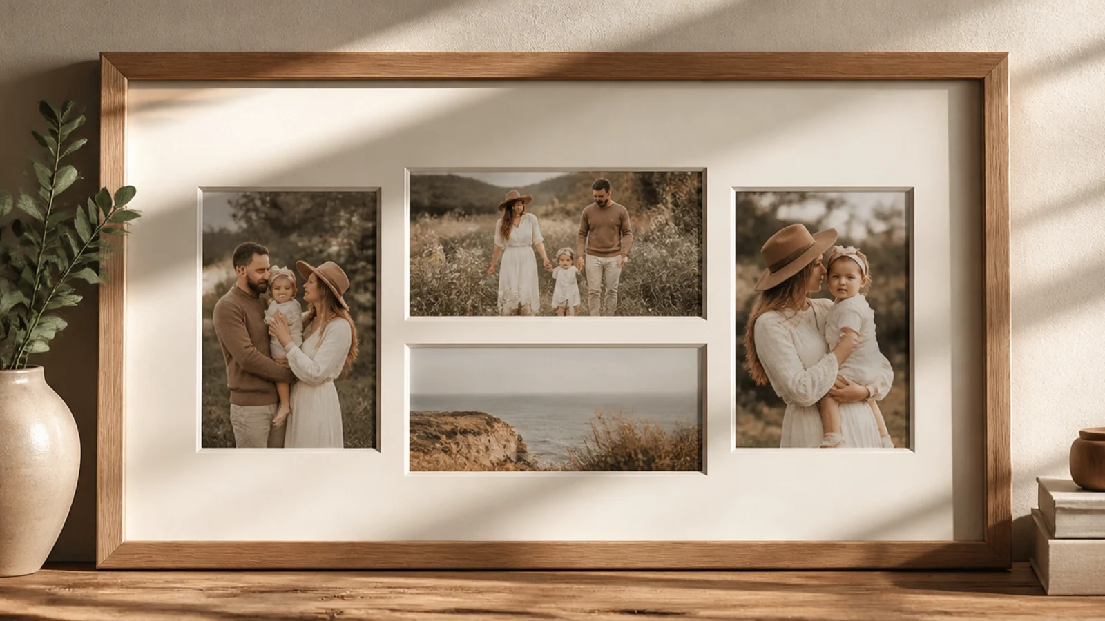 A single large frame with multiple mat openings holding several photos in one unified piece.