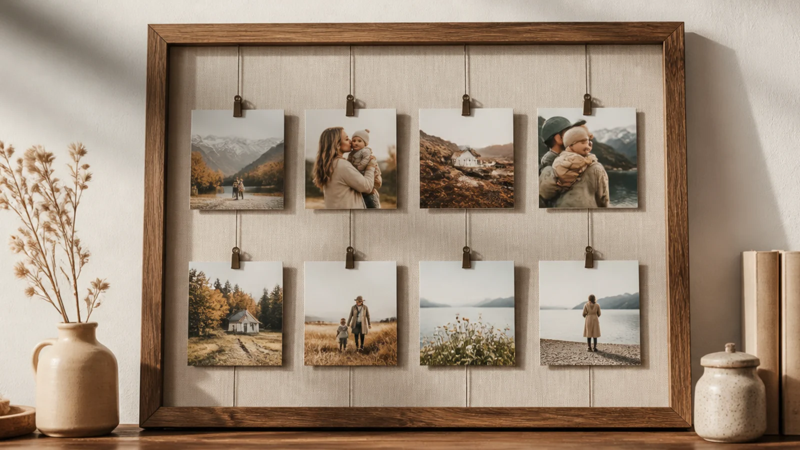 A grid of photos hung from small metal clips on thin wires or strings stretched down the wall.
