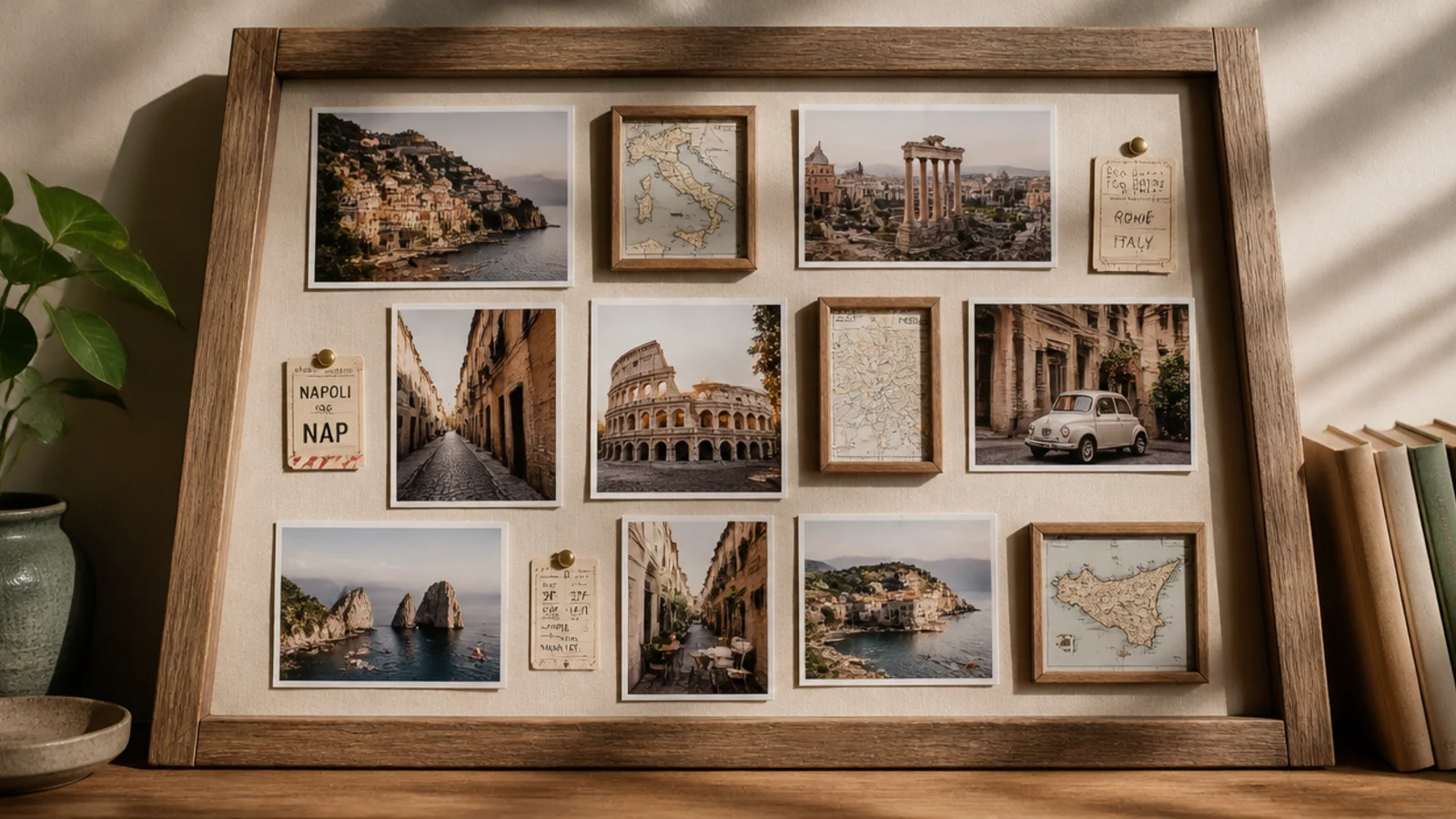 A frame arrangement of travel photos interspersed with small framed maps and ticket stubs.
