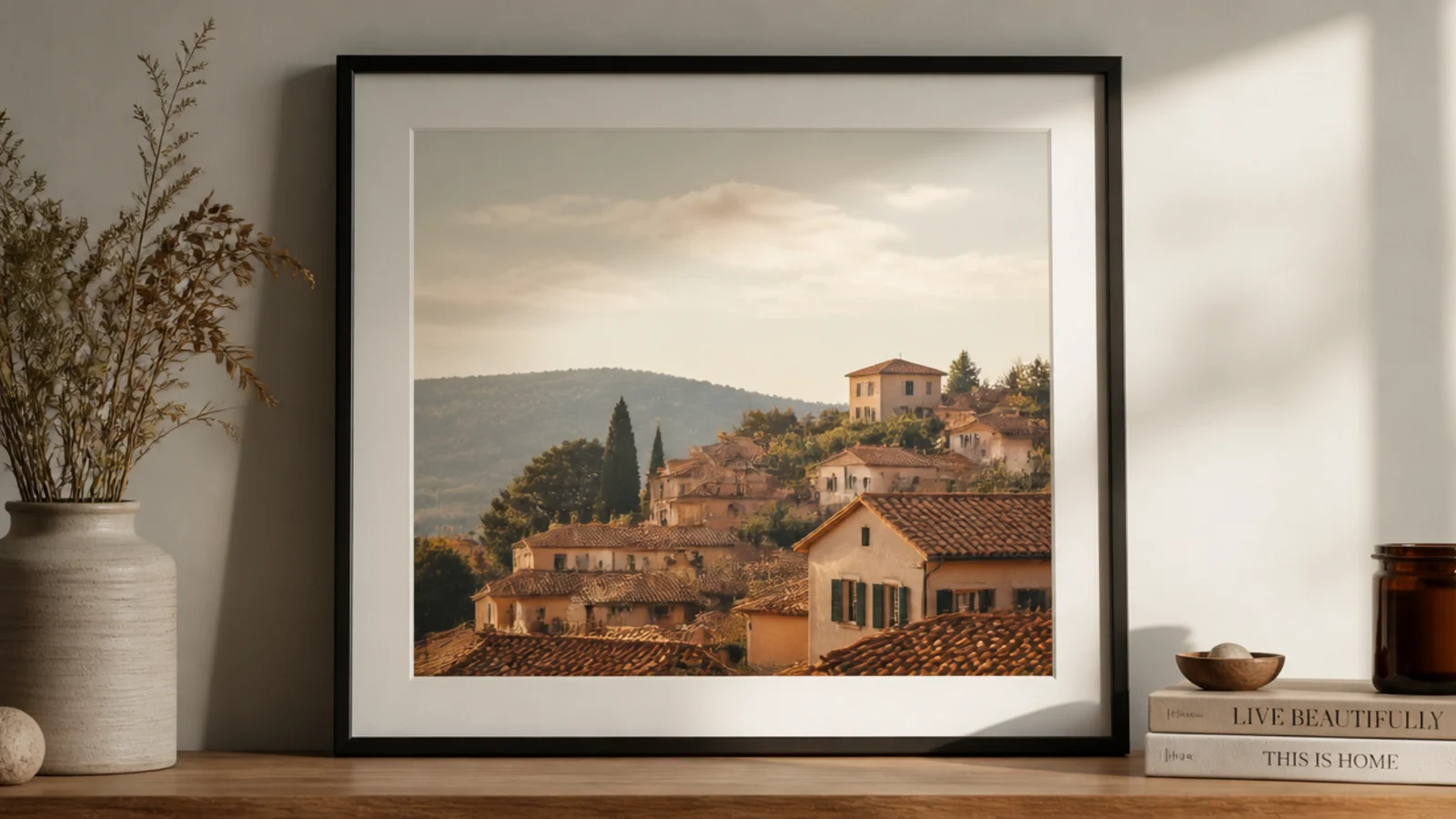 An arrangement where every frame, regardless of style, is painted the same matte black for unity.