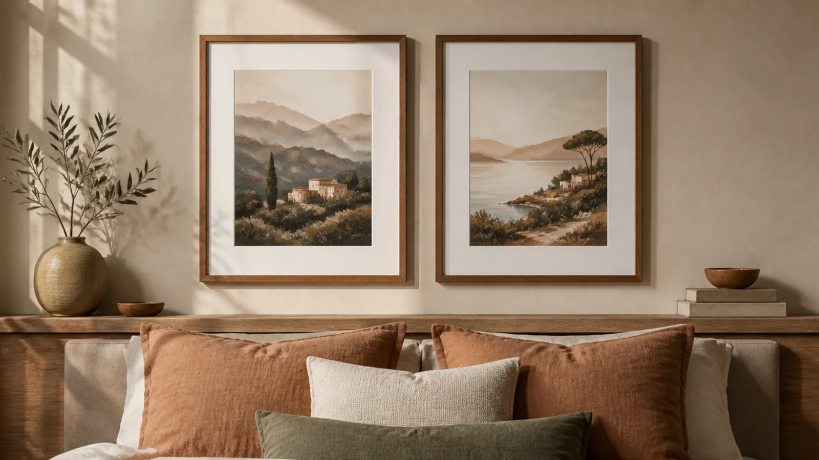 Two matching frames hung symmetrically above a bed headboard, evenly spaced and centered.