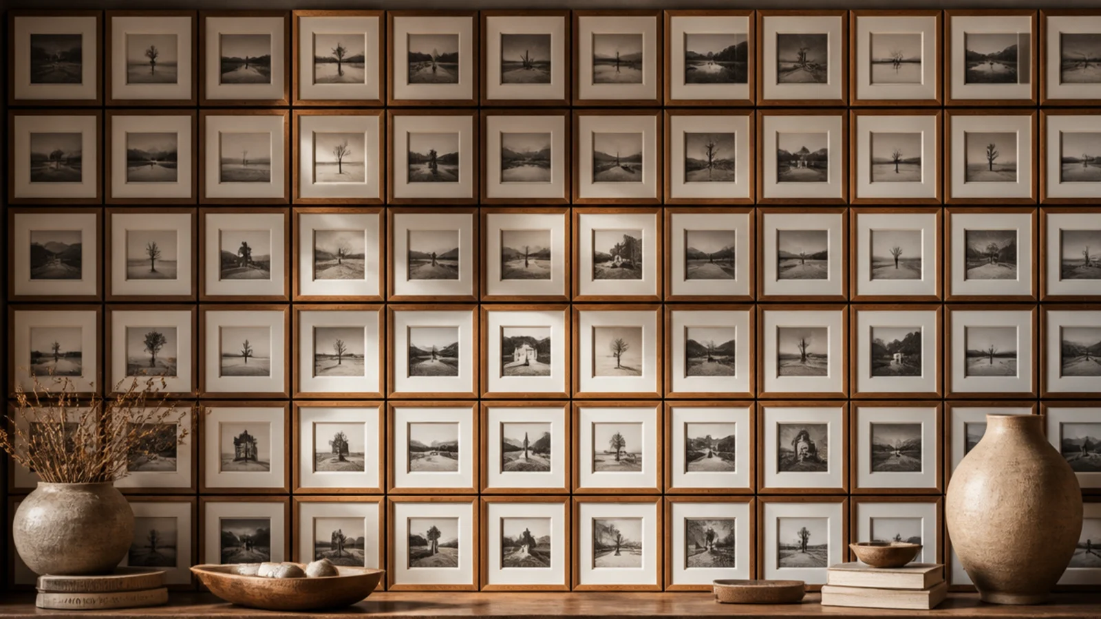 A whole wall packed edge to edge with small same-size frames in a tight, even mosaic.
