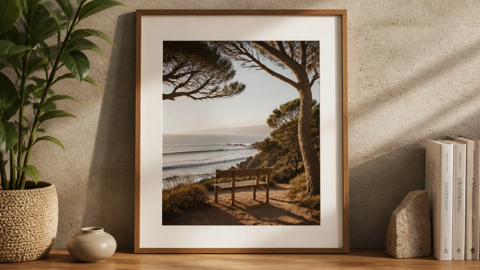 A large framed photo leaning against the wall on the floor beside a plant, casual and modern.