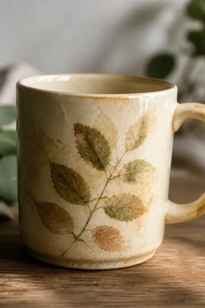 A cream-colored mug with a faded botanical illustration that looks like it soaked in tea. The leaves are visible in muted green and brown, with soft edges and a slightly mottled background.