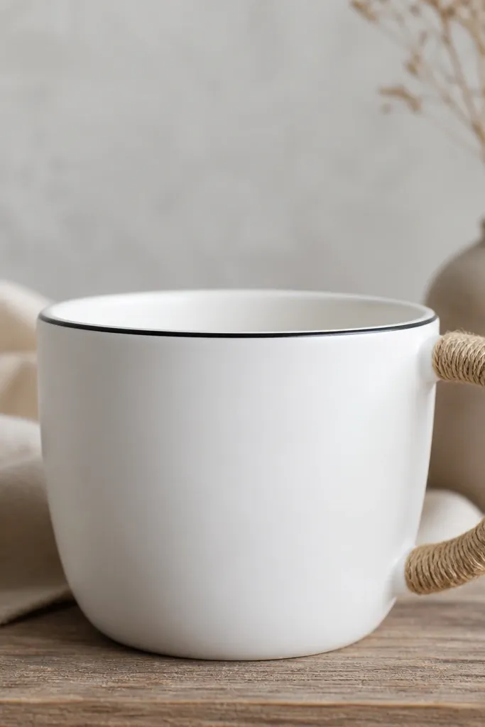 A white mug where the handle has a tight wrap of tan twine. Small knots and a slight twist in the twine create a handmade texture, with a thin line of black paint near the rim.