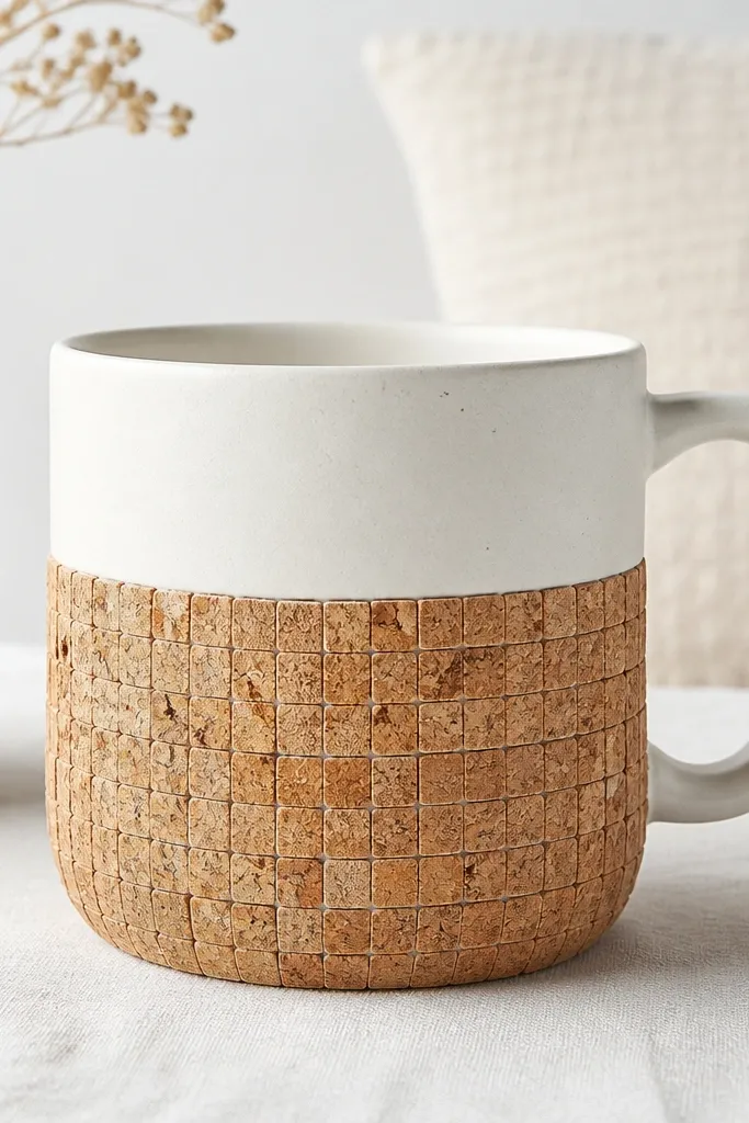 A mug covered on the lower half with a mosaic of small cork squares. The cork pieces vary slightly in color from honey to darker tan, with thin grout-like lines.