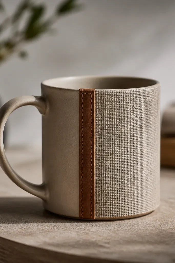 A mug with a vertical linen-like fabric panel on one side. The fabric shows subtle weave texture, and the edges are finished with a neat faux-leather border strip.