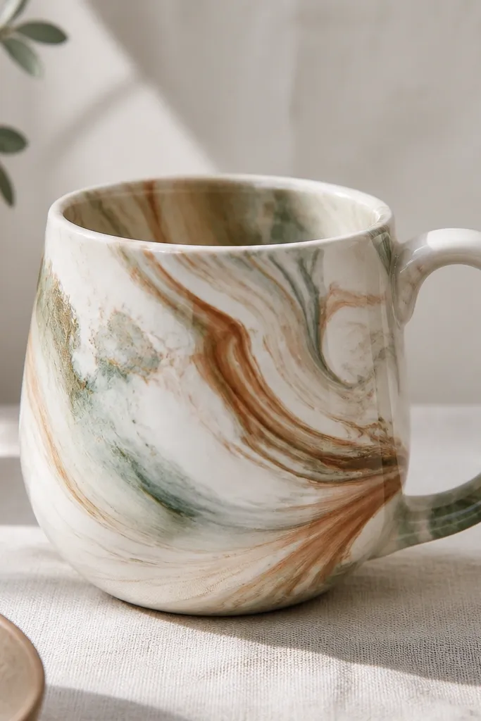 A white mug with a marbled swirl pattern in muted greens, clay browns, and a touch of cream. The pattern looks fluid and organic, with feathered edges.