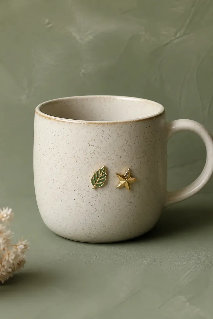 A mug with two small enamel pins placed on the front - one is a tiny leaf and one is a small star. The pins sit on a painted matte background in sage green.