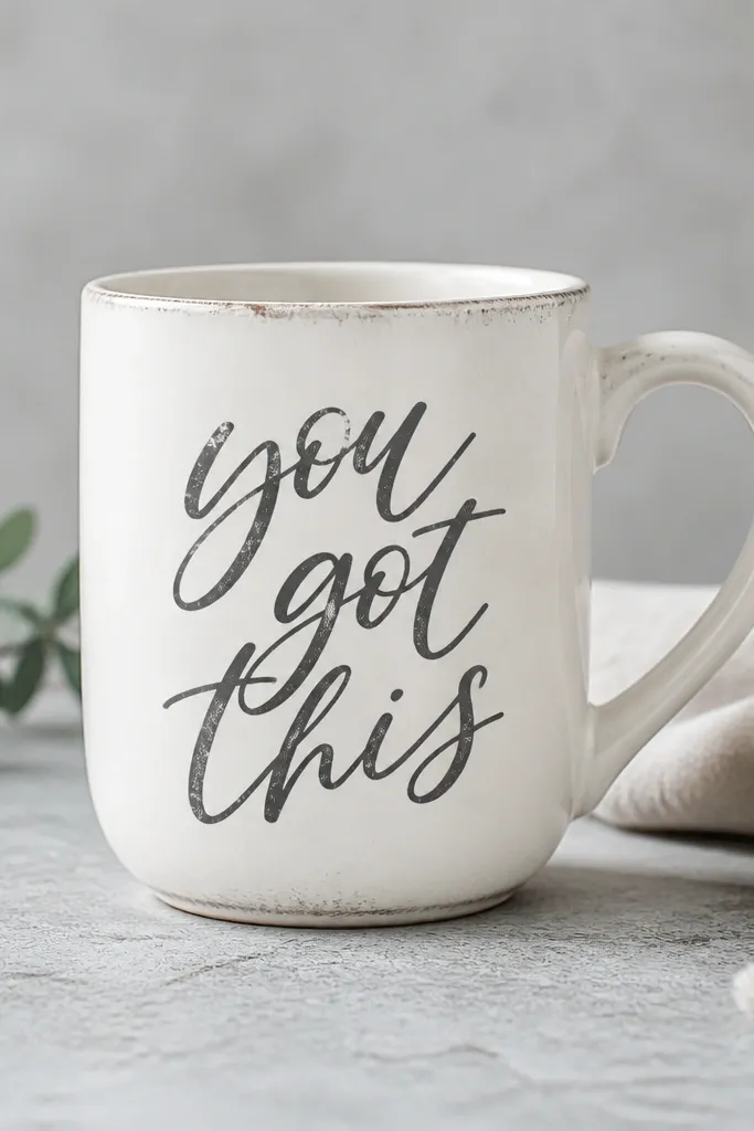 A white mug with a hand-lettered script message in dark charcoal, then lightly sanded so the letters look worn. The background has a faint gray wash.