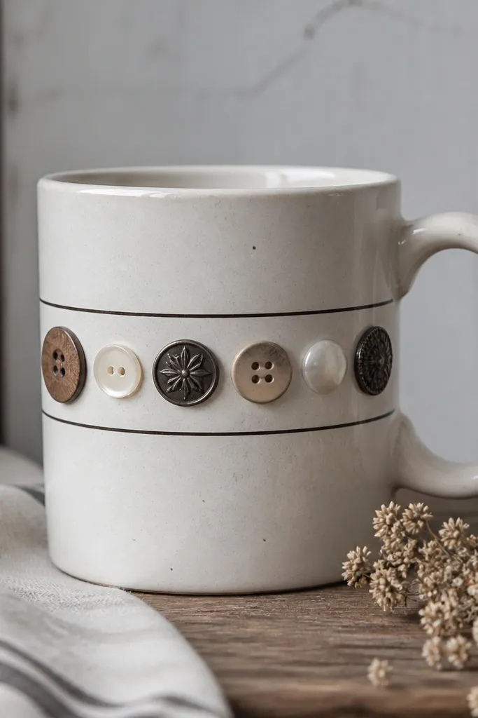 A mug with a neat row of mismatched vintage buttons across the middle. Buttons include wood, pearl, and dark metal, with a thin black painted line above and below the row.
