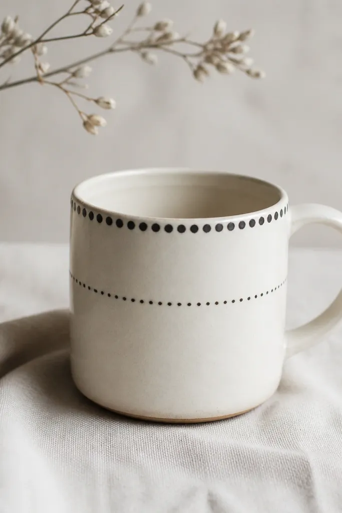 A mug with a ring of small black dots around the top edge and a second, thinner dot line halfway down. The dots fade slightly at the edges like ink wash.