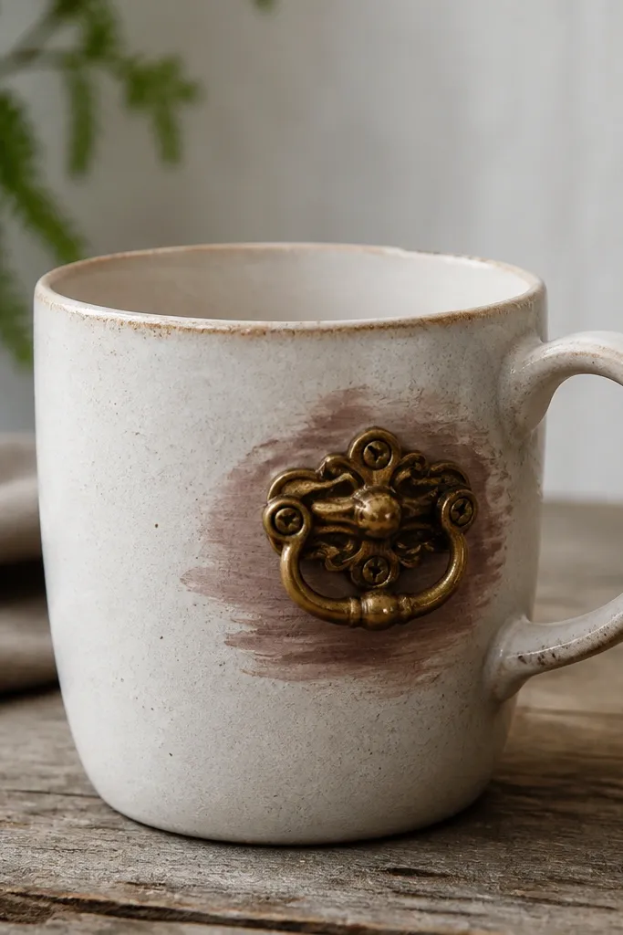 A mug with a small antique drawer pull mounted on the side near the handle. The pull is brass with carved edges, and the mug has a muted clay paint wash behind it.