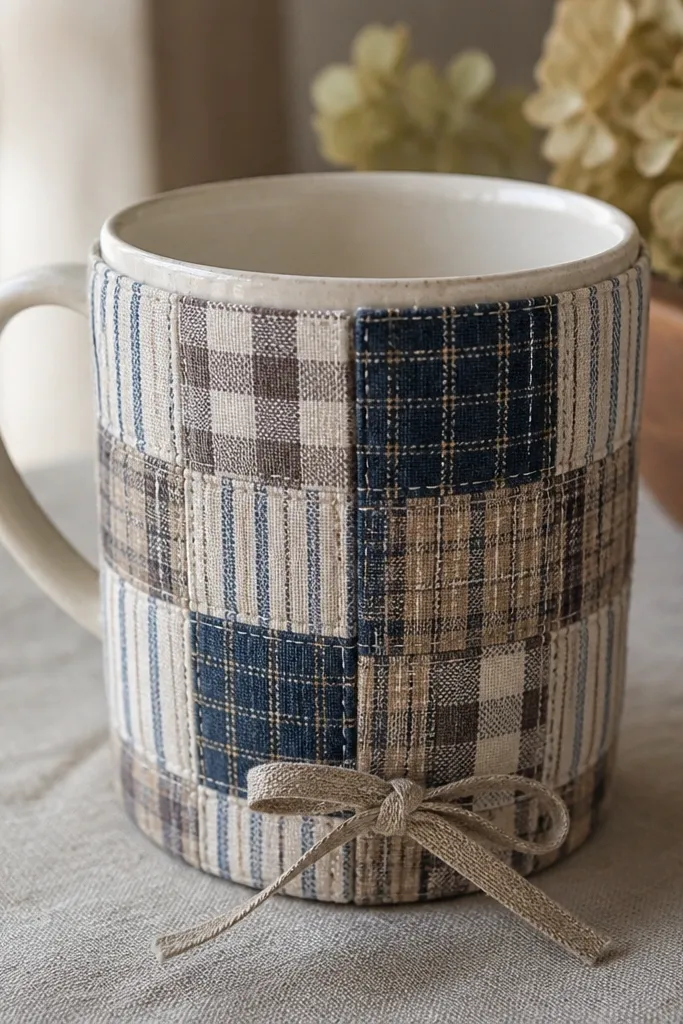 A mug covered on the outside with a patchwork fabric sleeve made from small squares of plaid and ticking stripe. The sleeve has a neat seam at the back and a simple tie at the bottom.