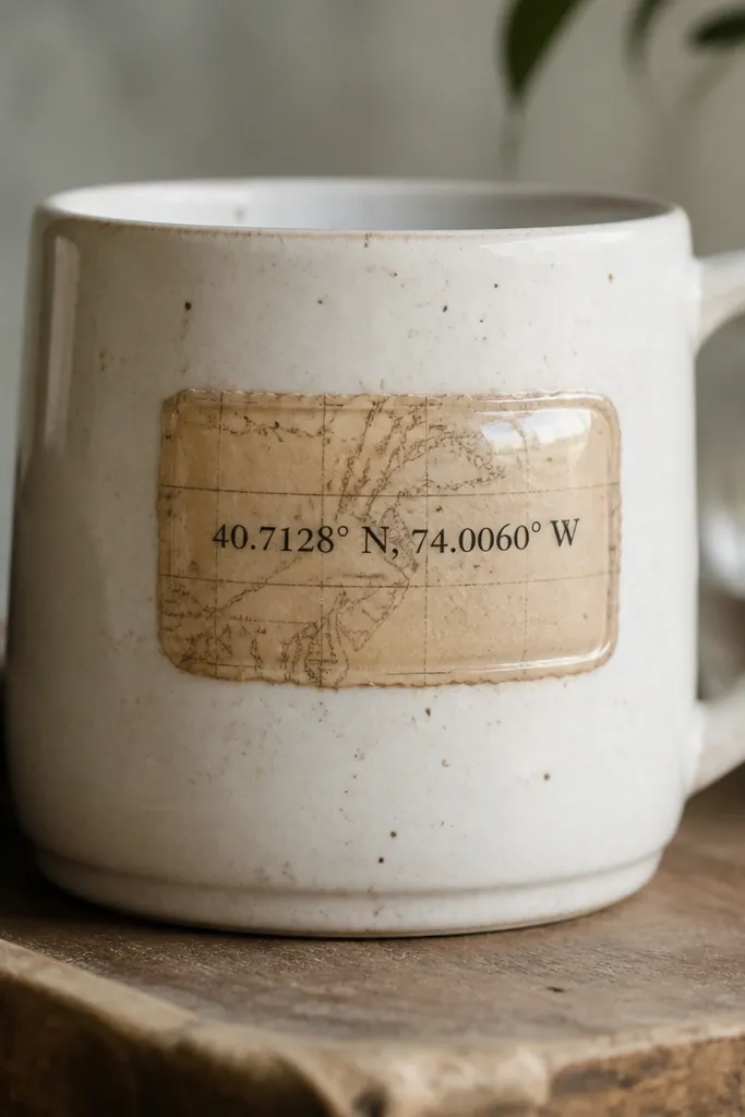 A mug with a small strip of aged paper map on the front showing faint coastline lines. Over it, a clear epoxy resin layer makes a glossy dome, with coordinates printed in black ink.