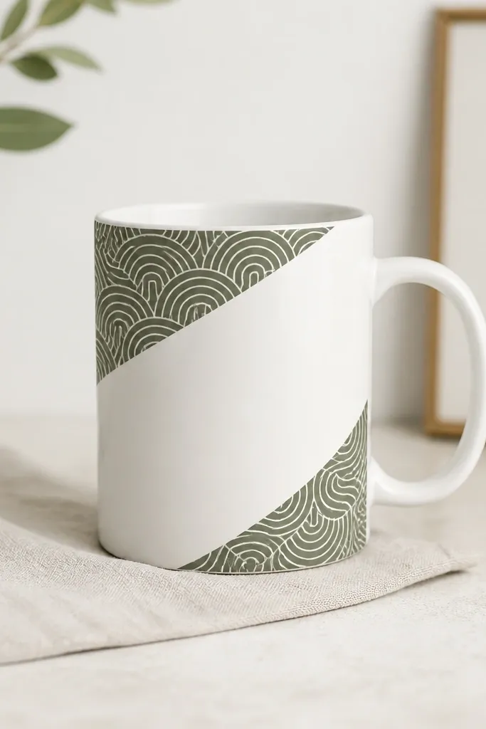 A white mug with oxide green paint in two corner blocks near the top and bottom. The corners have a crisp stencil pattern, and the rest of the mug is untouched white.
