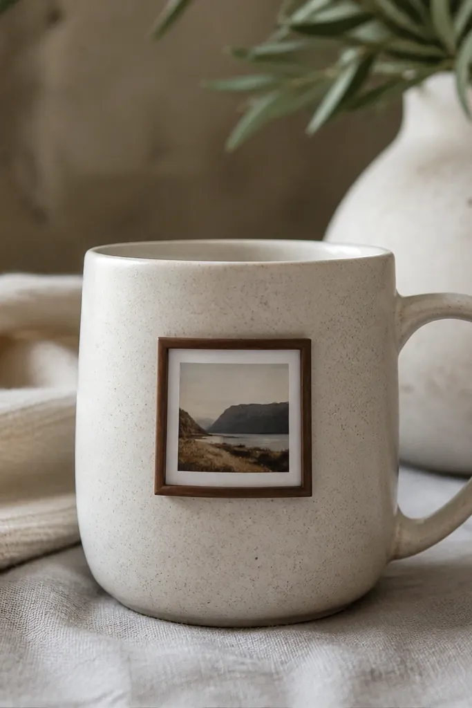 A mug with a small framed photo-like print on the front. The frame is made from thin wood strip, stained dark walnut, and there's a tiny line of white "mat" paper behind the print.