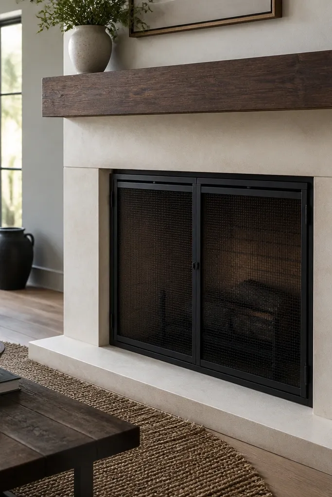 Cream limewashed stone fireplace with a dark walnut mantel and black metal accents