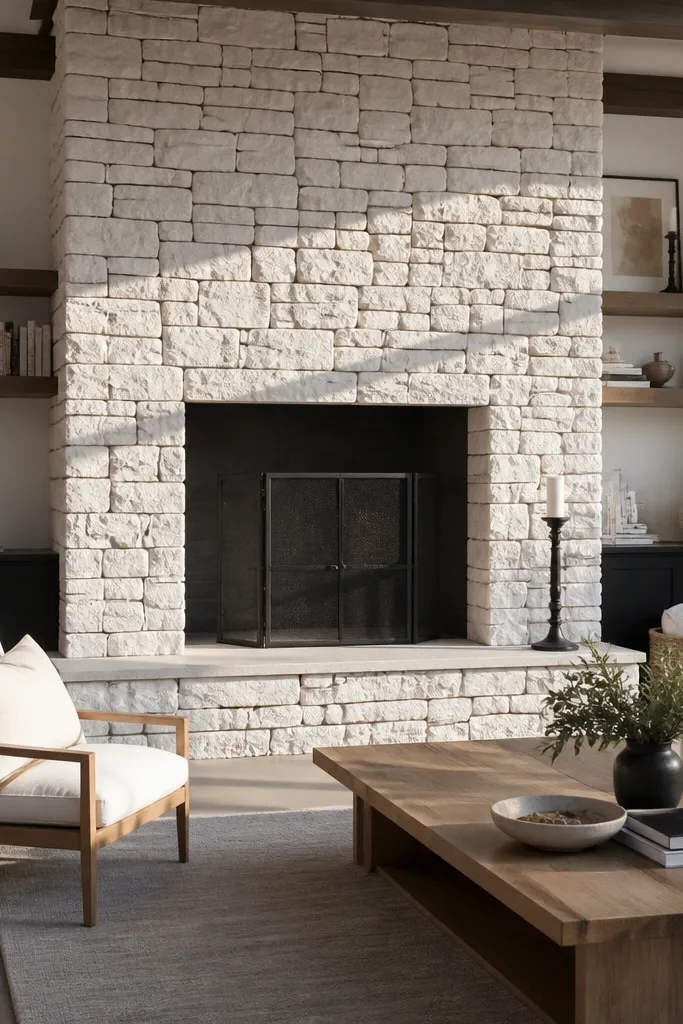 Bright white stacked stone fireplace with dark charcoal mortar lines and gray decor