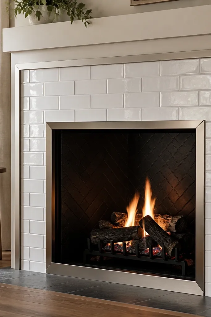White subway tile fireplace surround with brushed nickel trim and simple mantel