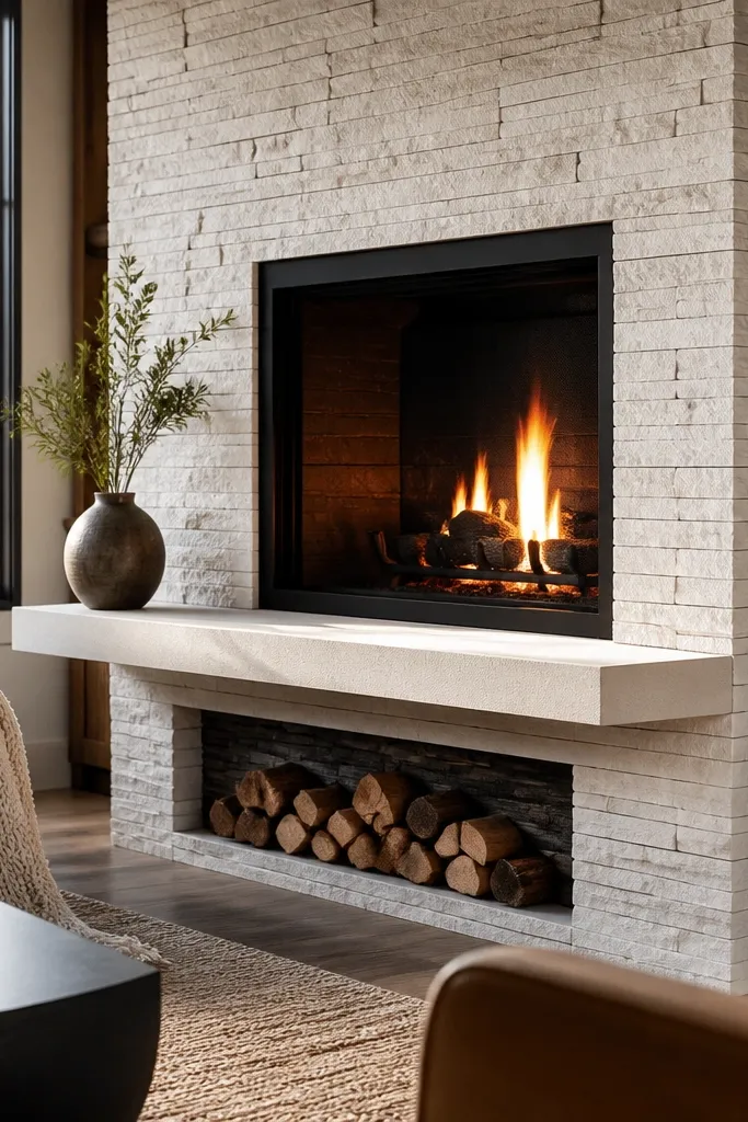White stacked stone fireplace with a floating hearth ledge and black hearth base