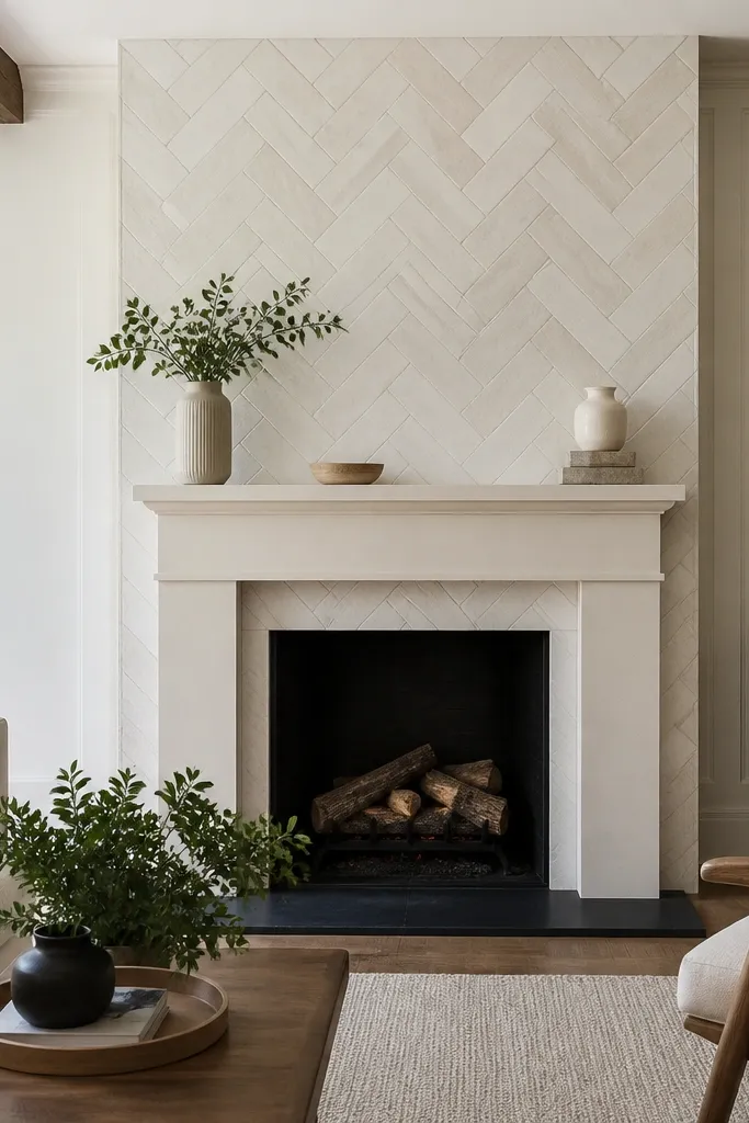 White herringbone stone fireplace surround with cream mantel and warm lighting