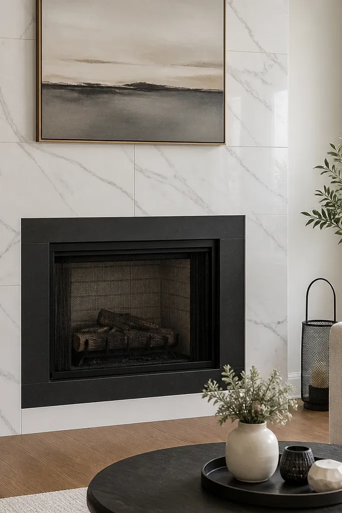 White marble-look tile fireplace with black metal frame and dark hearth