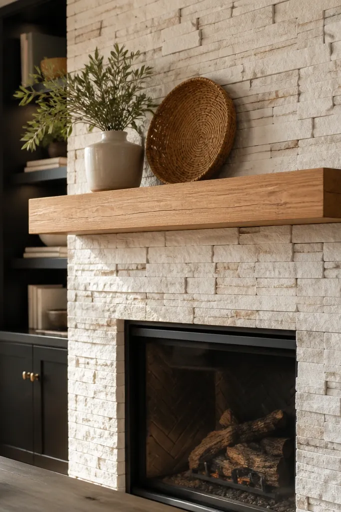 White quartzite stacked stone fireplace with light oak mantel and neutral decor